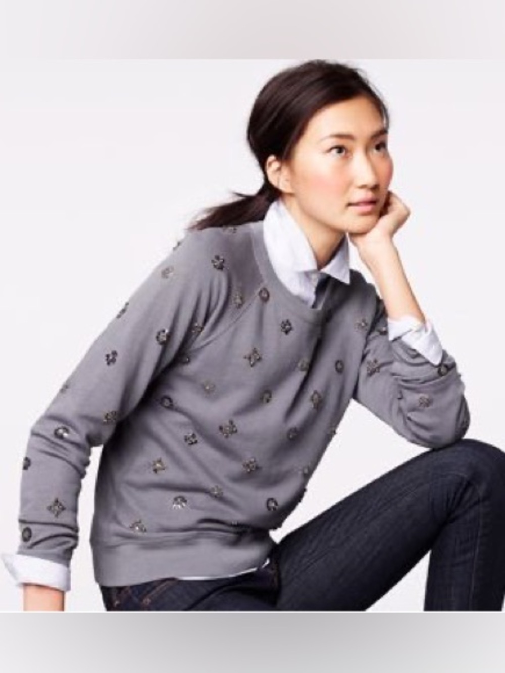 J. Crew Embellished Jeweled Crewneck Sweatshirt Heather Gray Small Y2K Preppy